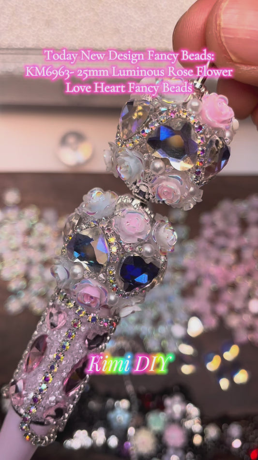 Video- [KM6963]- 25mm Luminous Rose Flower Love Heart Fancy Beads, Fit for Beadable Pens