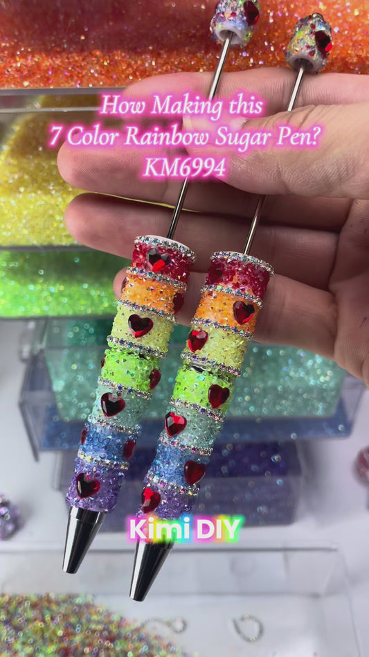 Video- [KM6994]-  Love Heart 7 Color Rainbow Full Diamonds Fancy Sugar Beadable Pens