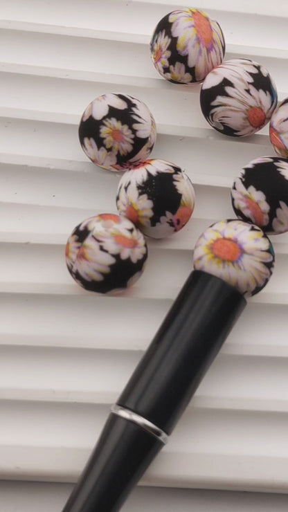 15MM Round Black Base White Daisy Printed Silicone Beads Fit For Beadable Pens